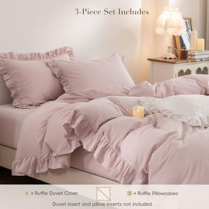 Ruffle Duvet Cover Set Queen 100% Washed Cotton Linen Feel Grayish Pink