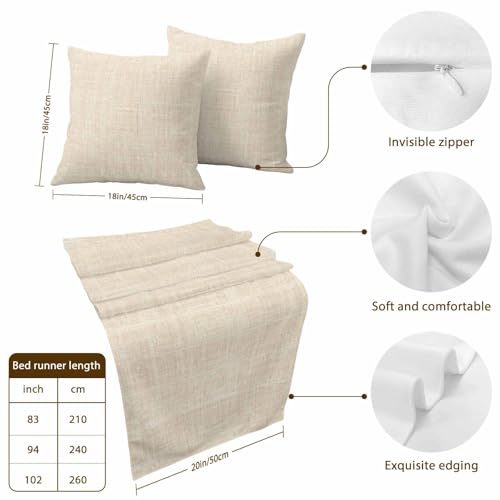 Cal King Bed Runner with Pillow Covers 102x20 Cream Linen Fabric Decorative Set