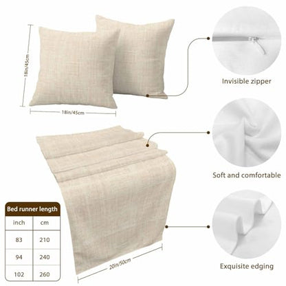 Cal King Bed Runner with Pillow Covers 102x20 Cream Linen Fabric Decorative Set