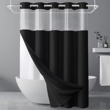Cotton Waffle Shower Curtain Set Waterproof No Hook with Liner 72x75 Inches