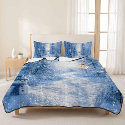 RisQiten Full Size Reversible Quilt Bedding Set with Snowman & Xmas Trees - White Blue, 3 Pieces
