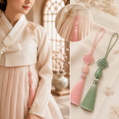 Korean Norigae Tassels Set - Pink & Sage Green Decorative Hanging Ornaments