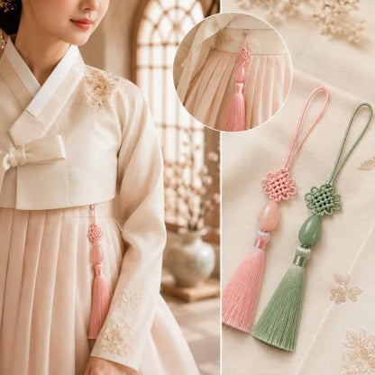 Korean Norigae Tassels Set - Pink & Sage Green Decorative Hanging Ornaments