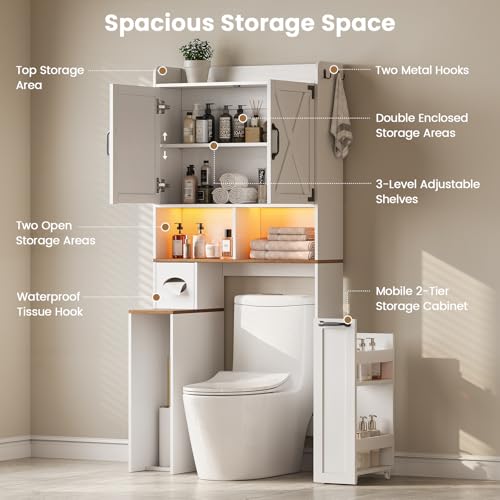 Over the Toilet Storage Cabinet with LED Lights - White Farmhouse Bathroom Organizer