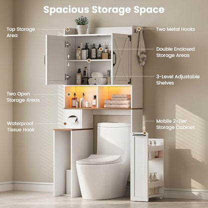 Over the Toilet Storage Cabinet with LED Lights - White Farmhouse Bathroom Organizer