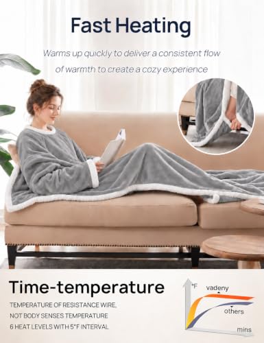 Vadeny Grey Wearable Heated Blanket with Foot Pockets - Electric Cozy Throw 50x70 Inch