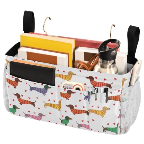 Dog Print Bedside Caddy Organizer for Dorm & Bunk Beds with Hooks