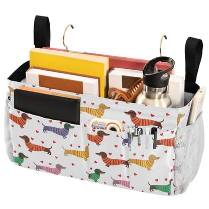 Dog Print Bedside Caddy Organizer for Dorm & Bunk Beds with Hooks