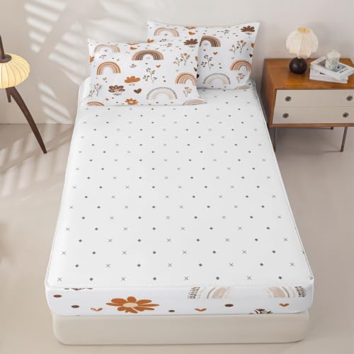 Rainbow Zipper Bedding Set Twin - Boho Microfiber Comforter & Pillowcases, Light Blue/White/Brown/Beige Variation
