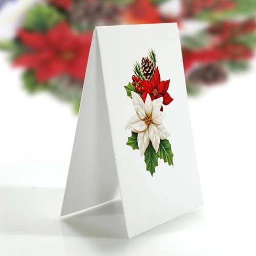 Christmas Poinsettia Pop-Up Card - 8.5x7 Inch Holiday Greeting with Bouquet of Poinsettia & Pine Cones - Variation of Pointsettia Bouquet-6x8in