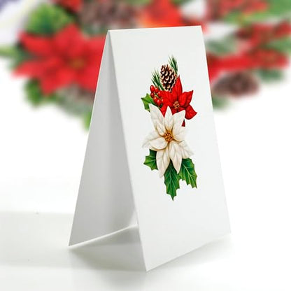 Christmas Poinsettia Pop-Up Card - 8.5x7 Inch Holiday Greeting with Bouquet of Poinsettia & Pine Cones - Variation of Pointsettia Bouquet-6x8in