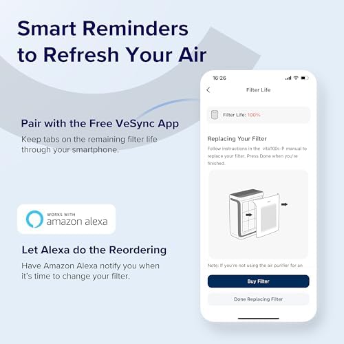 LEVOIT Vital 100S-P Air Purifier Smoke Remover Replacement Filter, Genuine 4-in-1 Air Filters, Supports HEPA Sleep Mode, High-Efficiency Activated Carbon, Vital 100S-RF-SR, Blue, 1 Pack