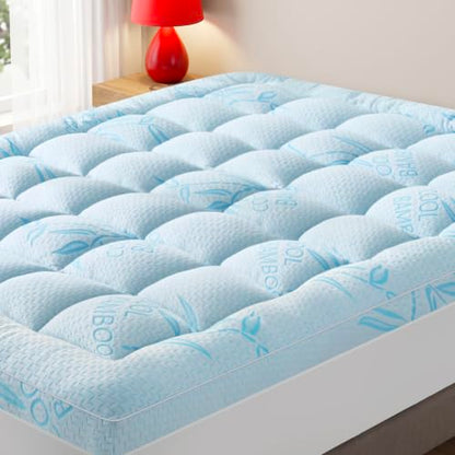 Blue Queen Size Mattress Topper - Extra Thick Pillow Top Cooling Bed Pad