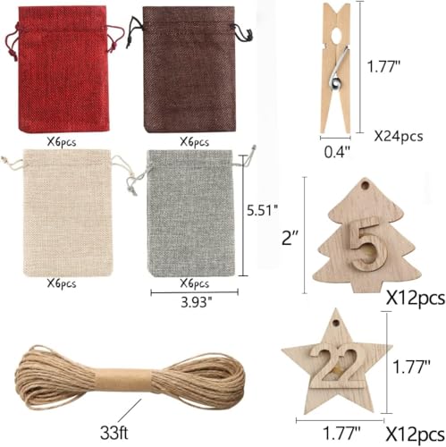 Christmas Advent Calendar Bags 24 Days DIY Countdown Hanging Decor Burlap Gift Bags