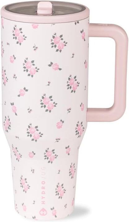 HydroJug Traveler - 40 Oz Insulated Water Bottle with Handle & Flip Straw - Leak Resistant, Fits Cup Holder, Wildrose