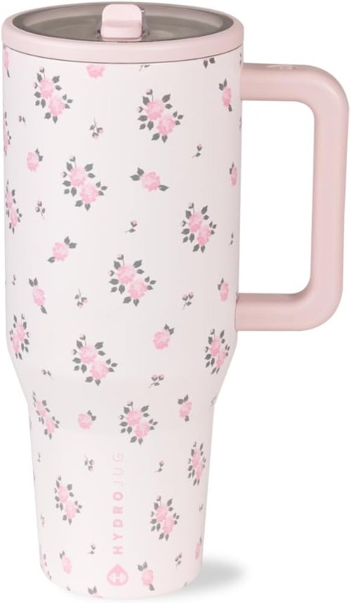 HydroJug Traveler - 40 Oz Insulated Water Bottle with Handle & Flip Straw - Leak Resistant, Fits Cup Holder, Wildrose