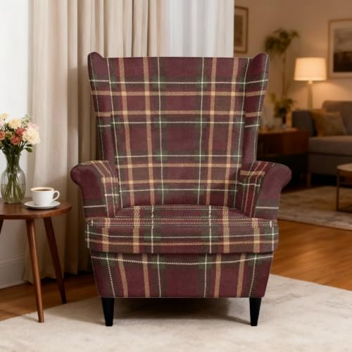 Brown Plaid Wingback Armchair Cover 2-Piece Stretch Protector - LACIYISON