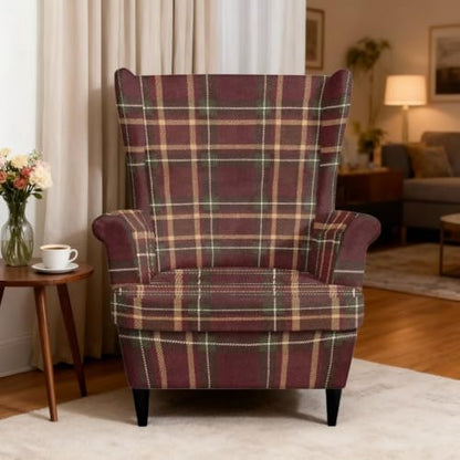 Brown Plaid Wingback Armchair Cover 2-Piece Stretch Protector - LACIYISON