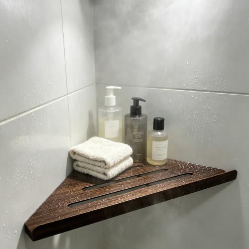Shower Corner Shelf Set of 2 Walnut Wood Grain Triangle Stainless Steel