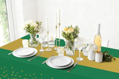 Disposable Rectangular Plastic Tablecloth 54 x 108 Inches - 8 Pack, Green and Gold Variation