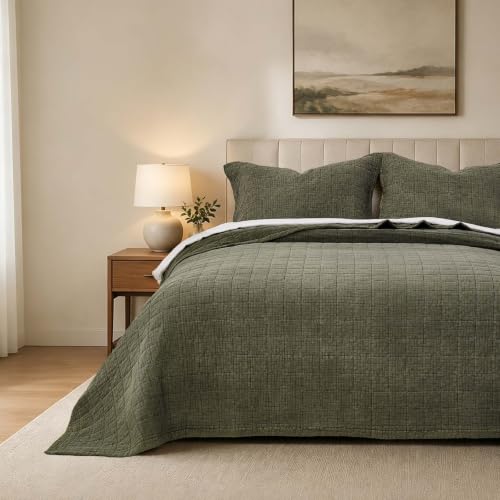 Olive Green Oversized King Cotton Quilt Set 120x120 Breathable Bedspread with 2 Pillow Shams