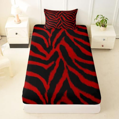 Black Red Zebra Print Fitted Sheet for Twin Bed - Deep 16" Pocket, Kids Bedding