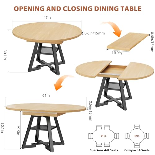 Extendable Round to Oval Dining Table for 4-8 with Open Storage Shelf, Space-Saving Modern Design, Black