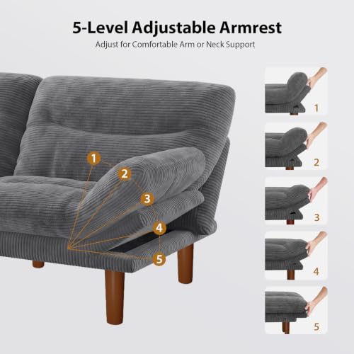 Convertible Futon Sofa Bed - Corduroy, 66 Inch, Warm Grey - Space Saving