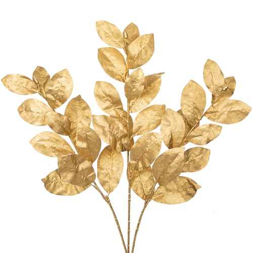 Faux Gold Magnolia Branches - Glitter Gold 28.7in Artificial Floral Stem for Holiday & Home Decor