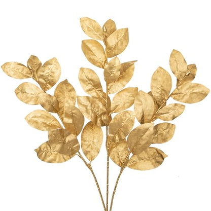 Faux Gold Magnolia Branches - Glitter Gold 28.7in Artificial Floral Stem for Holiday & Home Decor