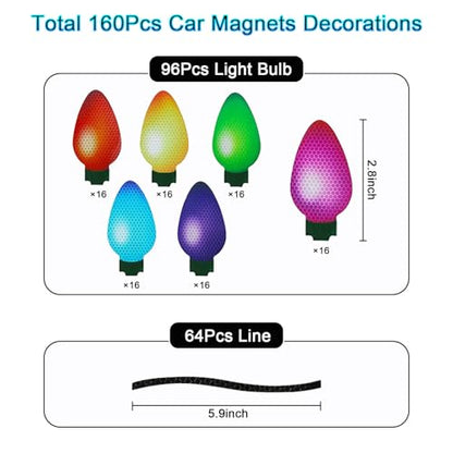 160Pcs Reflective Christmas Car Magnets Set with Light Bulb & Line Decor