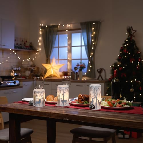 3-Birch Silver Reindeer Christmas Flameless Pillar Candles with 6H Timer