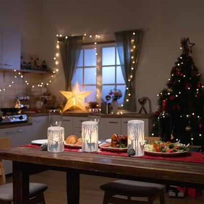 3-Birch Silver Reindeer Christmas Flameless Pillar Candles with 6H Timer