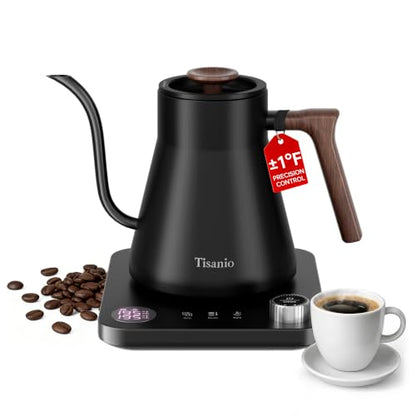 Gooseneck Electric Kettle with Temperature Control 0.9L Black Wood - Precise Heating