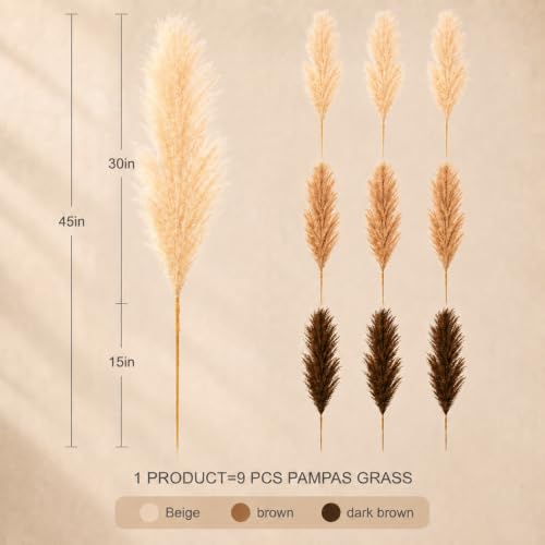 Artificial Pampas Grass Set 45 Inch Tall | Dark Brown & Beige 9 Pieces - Elegant Faux Decor