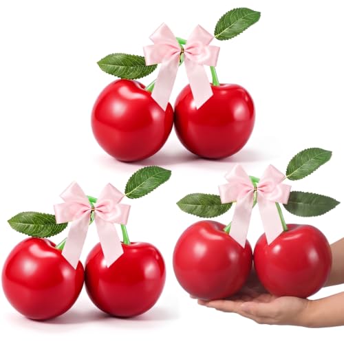 Large Cherry Party Decorations Set - Pink Satin Bows, Fake Red Cherries, Wedding & Event Decor