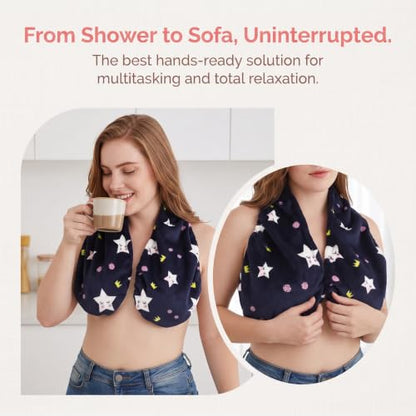 Dark Blue Star Adjustable Hands-Free Shower Towel Wrap for Women XL