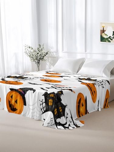Halloween Pumpkin Haunted Castle Flat Sheet King Size - Orange, Charcoal, White, Cream