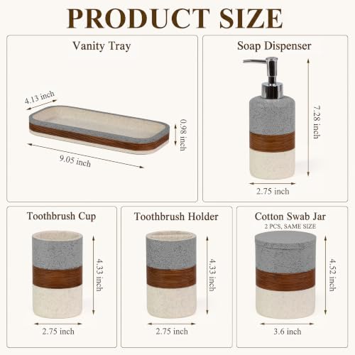 Gray 6-Piece Resin Bathroom Accessories Set - Stone-Inspired Organizers