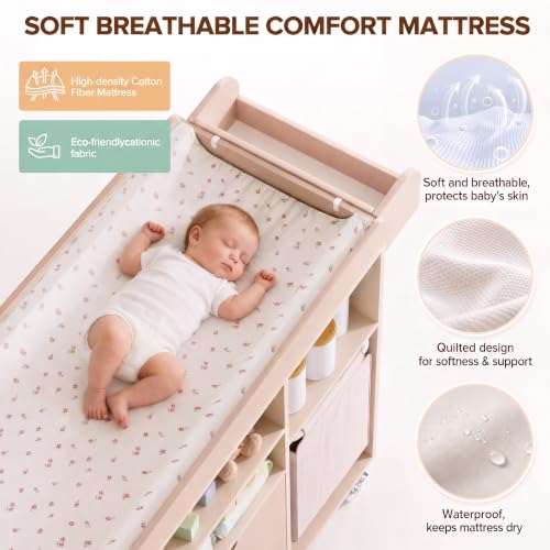 Baby Changing Table with Waterproof Pad & Storage Dresser - Beige