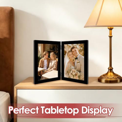FIXSMITH 4x6 Double Hinged Picture Frame Set - Black Wall & Desk Photo Display