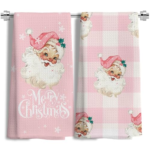 Pink Christmas Kitchen Towels Set of 2 - Vintage Pink Santa Holiday Hand Towels, 16x24 Inches - Pinksanta1-Set of 2