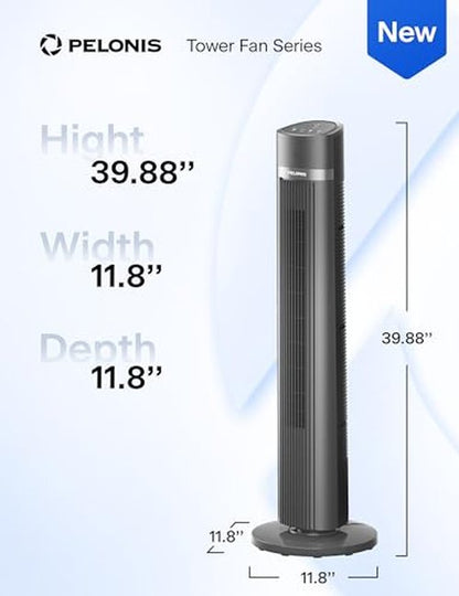 PELONIS 40-inch Bladeless Tower Fan for Bedroom, Standing Fan with Remote Control, 26ft/s, 90° Oscillation, 3 Speed Settings, 27 dB, 3 Modes, 15-Hour Timer, LED Display, Fan that Blows Cold Air, Black