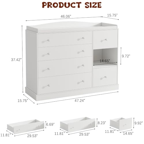 Kids Dresser Cabinet with Changing Table - White Child Bedroom Storage Furniture