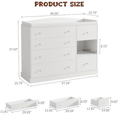 Kids Dresser Cabinet with Changing Table - White Child Bedroom Storage Furniture