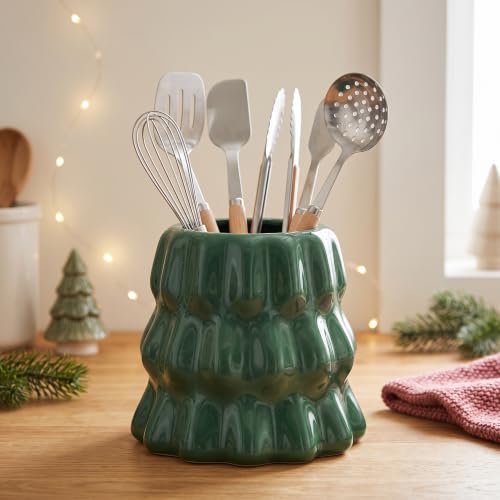 Green Ceramic Christmas Tree Utensil Holder - Kitchen Organizer, Holiday Decor