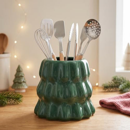 Green Ceramic Christmas Tree Utensil Holder - Kitchen Organizer, Holiday Decor