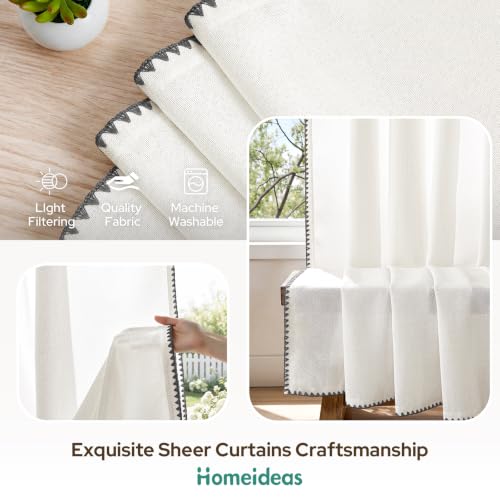 Cream Linen Semi Sheer Curtains 84 Inches Long - Pack of 2, Embroidered Trim