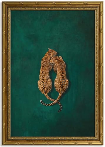 Emerald Cheetah Wall Art Canvas Print - Gold Frame Safari Decor 24x16