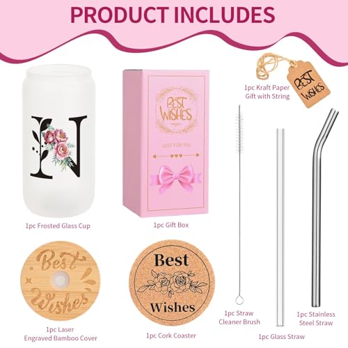 16oz Monogrammed Frosted Glass Tumbler with Lid Straw & Gift Set - Initial N